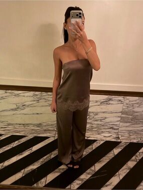 Zara Satin Strapless Cami top in purple/ Brown